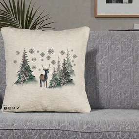 Perna Decorativa Ren in Padure Inzapezita, 40x40 cm, Bej Canapea, Husa Detasabila, Perna Inclusa, BEKZ®