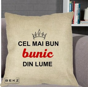 Cadou pentru Bunic - Perna Personalizata Cel Mai Bun Bunic Din Lume Coroana Rosu, 40x40 cm, Crem, Husa Detasabila, Perna Inclusa, BEKZ®
