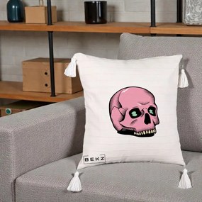 Perna Decorativa Craniu Roz Tatoo Art Halloween, 40x40 cm, Bej cu Franjuri, Husa Detasabila, Perna Inclusa, BEKZ®
