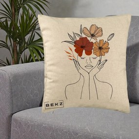 Perna Decorativa Portret Feminin Coroana Trei Flori, 40x40 cm, Bej, Husa Detasabila, Perna Inclusa, BEKZ®