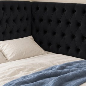 Pat tapițat pentru copii din catifea Elyra 140×200 cm, negru, colț dreapta, cu ladă de depozitare