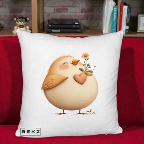 Perna Decorativa Pui cu Inima si Floarea-Soarelui, 40x40 cm, Alb Pufos, Husa Detasabila, Perna Inclusa, BEKZ®