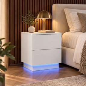 Noptieră cu 2 sertare, iluminare LED, telecomanda, Alb, 45x35x52 cm