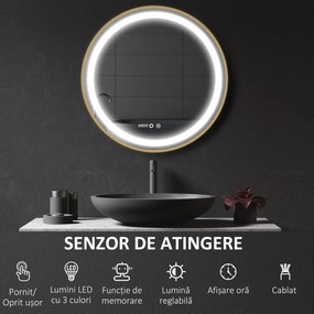 kleankin Oglindă de Baie Rotundă cu Lumină LED, Luminozitate Reglabilă și Întrerupătoare Touch, Ø60x4 cm, Auriu | Aosom Romania