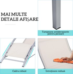 Outsunny Set de 2 Șezlonguri și Măsuță cu Blat din Sticlă, 59x169x66 cm, Crem | Aosom Romania