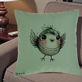 Perna Decorativa Pasare Gri cu Aripi si Inimioare, 40x40 cm, Verde, Husa Detasabila, Perna Inclusa, BEKZ®