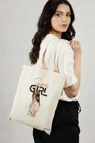 Sacosa de Panza pentru Cumparaturi, Geanta Tote, model Super Girl, 38x34.5 cm, Alba, BEKZ®