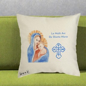 Cadou de Onomastica - Perna Personalizata Sfanta Marie Icoana Acuarela, 40x40 cm, Ecru, Husa Detasabila, Perna Inclusa, BEKZ®