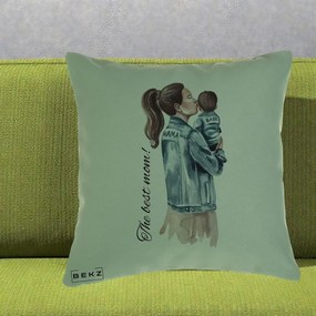 Cadou pentru Mama - Perna Personalizata The Best Mom Jachete, 40x40 cm, Verde, Husa Detasabila, Perna Inclusa, BEKZ®