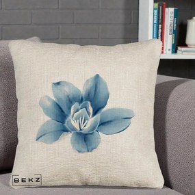 Perna Decorativa Magnolie Albastra Acuarela, 40x40 cm, Bej Canapea, Husa Detasabila, Perna Inclusa, BEKZ®