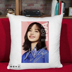 Perna Personalizata K-pop BLACKPINK Lisa cu Semnatura, 40x40 cm, Alb Pufos, Husa Detasabila, Perna Inclusa, BEKZ®