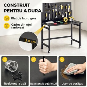 HOMCOM Banc de Lucru Pliabil Portabil cu Panou Perforat, Blat Gros din Lemn, Structură din Oțel, Negru | Aosom Romania