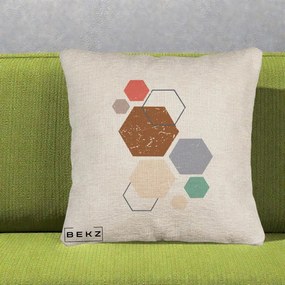 Perna Decorativa Geometric Hexagoane Multicolor, 40x40 cm, Bej Canapea, Husa Detasabila, Perna Inclusa, BEKZ®