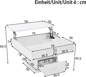 Masă de cafea multifuncțională, cu finisaj lucios și lift, cu iluminare LED, reglabilă pe înălțime și cu spațiu de depozitare flexibil, 78x78x45,5 cm, Alb