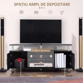 Comoda TV moderna HOMCOM, cu 2 compartimente inchise, raft, blat, benzi antiderapante, picioare din otel inox, din lemn, negru | Aosom Romania