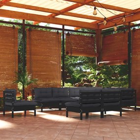 3096759 vidaXL Set mobilier de grădină cu perne 10 piese negru lemn masiv pin