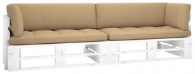 Canapea din paleți cu 2 locuri, cu perne, alb, lemn pin tratat