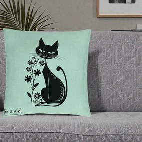 Perna Decorativa Pisica Neagra Grafica Minimalista, 40x40 cm, Verde Menta, Husa Detasabila, Perna Inclusa, BEKZ®