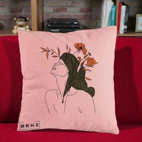 Perna Decorativa Portret Feminin Profil Flori Portocalii, 40x40 cm, Roz, Husa Detasabila, Perna Inclusa, BEKZ®