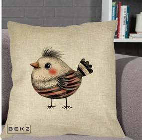 Perna Decorativa Pui Expresiv Dungi Negru-Rosu, 40x40 cm, Crem, Husa Detasabila, Perna Inclusa, BEKZ®