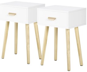 HOMCOM Set de 2 Noptiere cu Sertar și Picioare de Lemn pentru Dormitor Sufragerie Pat Birou 40,5x30,5x60 cm Alb | Aosom Romania