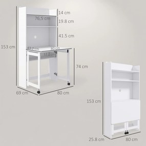 HOMCOM Birou cu Rafturi, Blat Pliabil, 2 Roți și 4 Rafturi, Birou Compact Modern cu Orificiu pentru Cabluri, Masă pentru Computer, Casă Birou Cameră de Studiu, 80x69x155 cm, Alb | Aosom Romania