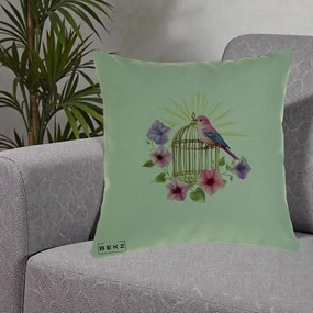 Perna Decorativa Pasare Roz pe Colivie Aurie cu Flori, 40x40 cm, Verde, Husa Detasabila, Perna Inclusa, BEKZ®