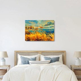 Tablou pe sticlă - Apus de soare peste lac, pictură acrilică (70x50 cm)
