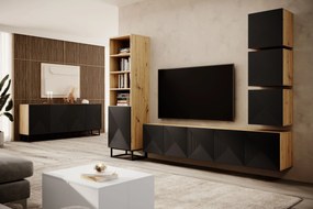 Comodă TV suspendată Asha 200 cm, partea frontală riflat – stejar artisan / negru mat