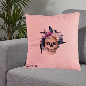 Perna Decorativa Craniu Floral cu Trandafiri si Ciuperci, 40x40 cm, Roz, Husa Detasabila, Perna Inclusa, BEKZ®