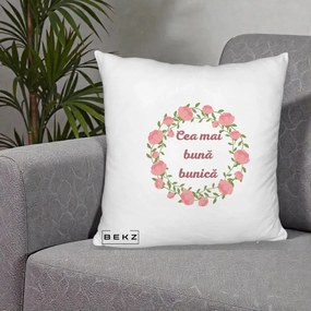 Cadou pentru Bunica - Perna Personalizata Cea Mai Buna Bunica Coronita Trandafiri Roz Clasic, 40x40 cm, Alb Pufos, Husa Detasabila, Perna Inclusa, BEKZ®