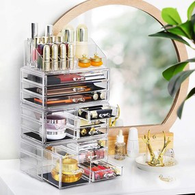 Organizator XXL cu 11 sertare şi 15 compartimente pentru make up şi cosmetică, transparent, acril