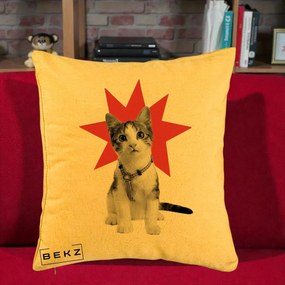 Perna Decorativa Pisica Star Pop Art, 40x40 cm, Galben, Husa Detasabila, Perna Inclusa, BEKZ®
