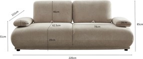 Canapea cu 3 locuri din bumbac, gri, spătar rabatabil, picioare sferice din lemn, material rezistent la pete, 85 x 220 x 111 cm, „Èze”