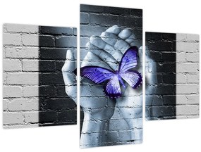 Tablou - Fluture violet pe perete (90x60 cm)