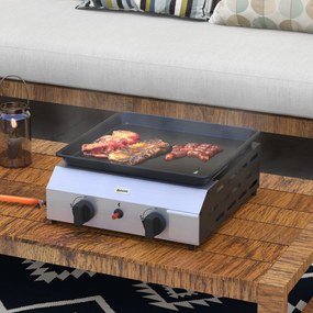 Outsunny Plancha gaz din oțel inoxidabil emailat 2 arzătoare 4,8 kW antiaderentă suprafață mare de gătit 40L x 34l cm, transportabilă | Aosom Romania