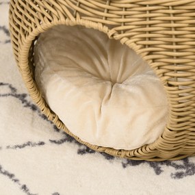 PawHut Niche coș casă pentru pisici 2 etaje din rășină împletită aspect răchită cu 1 pernă moale Ø 40 x 30 cm maro deschis | Aosom Romania