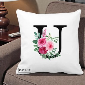 Cadou Personalizat - Perna Personalizata Monograma Florala Litera U, 40x40 cm, Alba Mata, Husa Detasabila, Perna Inclusa, BEKZ®