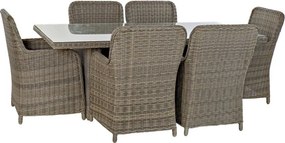 Set dining exterior din metal și sticlă, masă + 5 scaune, polirattan și stofă