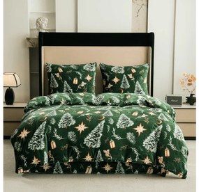 Lenjerie cocolino GREEN CHRISTMAS verde + cearsaf Cocolino microplus cu elastic SOFT 90x200 cm alb, pat de o persoana