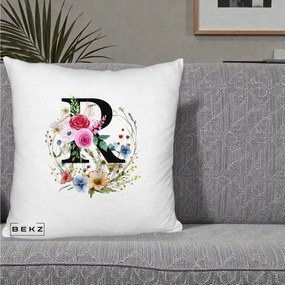 Cadou Personalizat - Perna Personalizata Monogram Litera R cu Flori Acuarela, 40x40 cm, Alb Pufos, Husa Detasabila, Perna Inclusa, BEKZ®