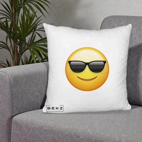 Perna Decorativa Emoji Cool Ochelari, 40x40 cm, Alb Pufos, Husa Detasabila, Perna Inclusa, BEKZ®