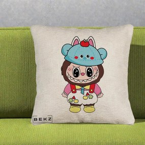 Perna Personalizata Labubu x Urs Albastru Colorat, 40x40 cm, Bej Canapea, Husa Detasabila, Perna Inclusa, BEKZ®