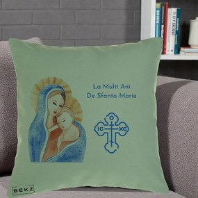 Cadou de Onomastica - Perna Personalizata Sfanta Marie Icoana Acuarela, 40x40 cm, Verde, Husa Detasabila, Perna Inclusa, BEKZ®