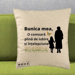 Cadou pentru Bunica - Perna Personalizata Bunica Mea Comoara Iubire Intelepciune Varianta Extinsa, 40x40 cm, Bej, Husa Detasabila, Perna Inclusa, BEKZ®