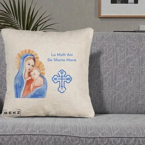 Cadou de Onomastica - Perna Personalizata Sfanta Marie Icoana Acuarela, 40x40 cm, Bej Canapea, Husa Detasabila, Perna Inclusa, BEKZ®
