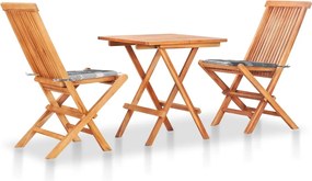 vidaXL Set bistro cu perne gri carouri, 3 piese, lemn masiv de tec