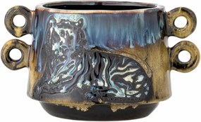 Ghiveci decorativ din ceramică, multicolor, model tigru în relief, mânere laterale, glazură reactivă în nuanțe de albastru și auriu, 15 x 18 cm,