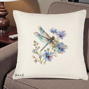 Perna Decorativa Libelula Acuarela Flori Albastre, 40x40 cm, Crem Reliefat, Husa Detasabila, Perna Inclusa, BEKZ®