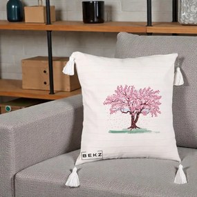 Perna Decorativa Cires Inflorit Acuarela, 40x40 cm, Bej cu Franjuri, Husa Detasabila, Perna Inclusa, BEKZ®
